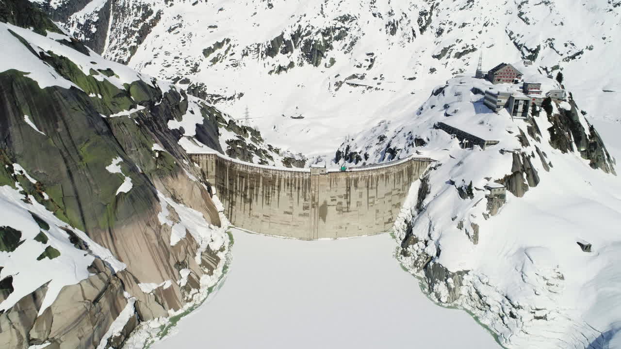 Aerial of a dam in winter