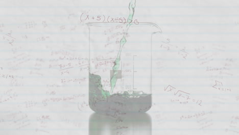 ecuaciones matemáticas contra el líquido que cae en el vaso