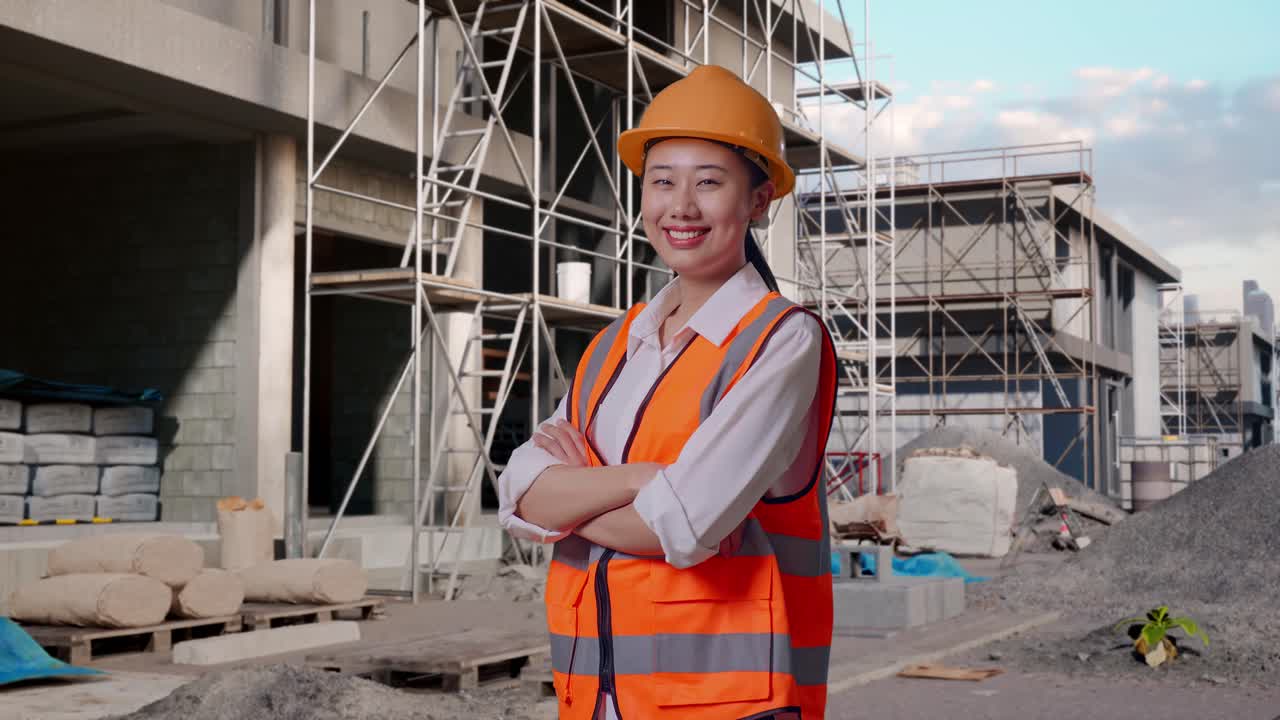 Side View Of Asian Female Engineer With Safety Helmet Crossing Her Arms And Smiling While Standing At Construction Site in Progress to New House