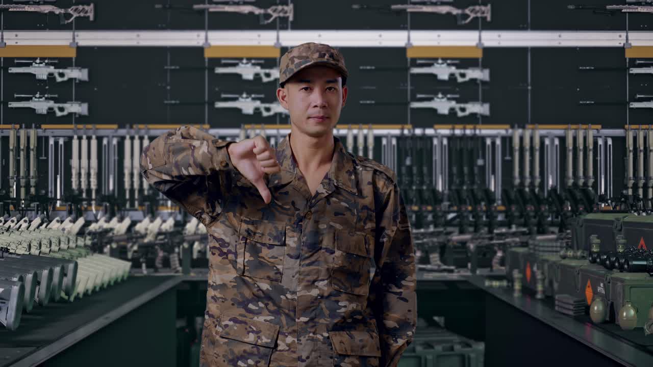 Soldato asiatico che mostra il pollice verso in camera in un arsenale militare