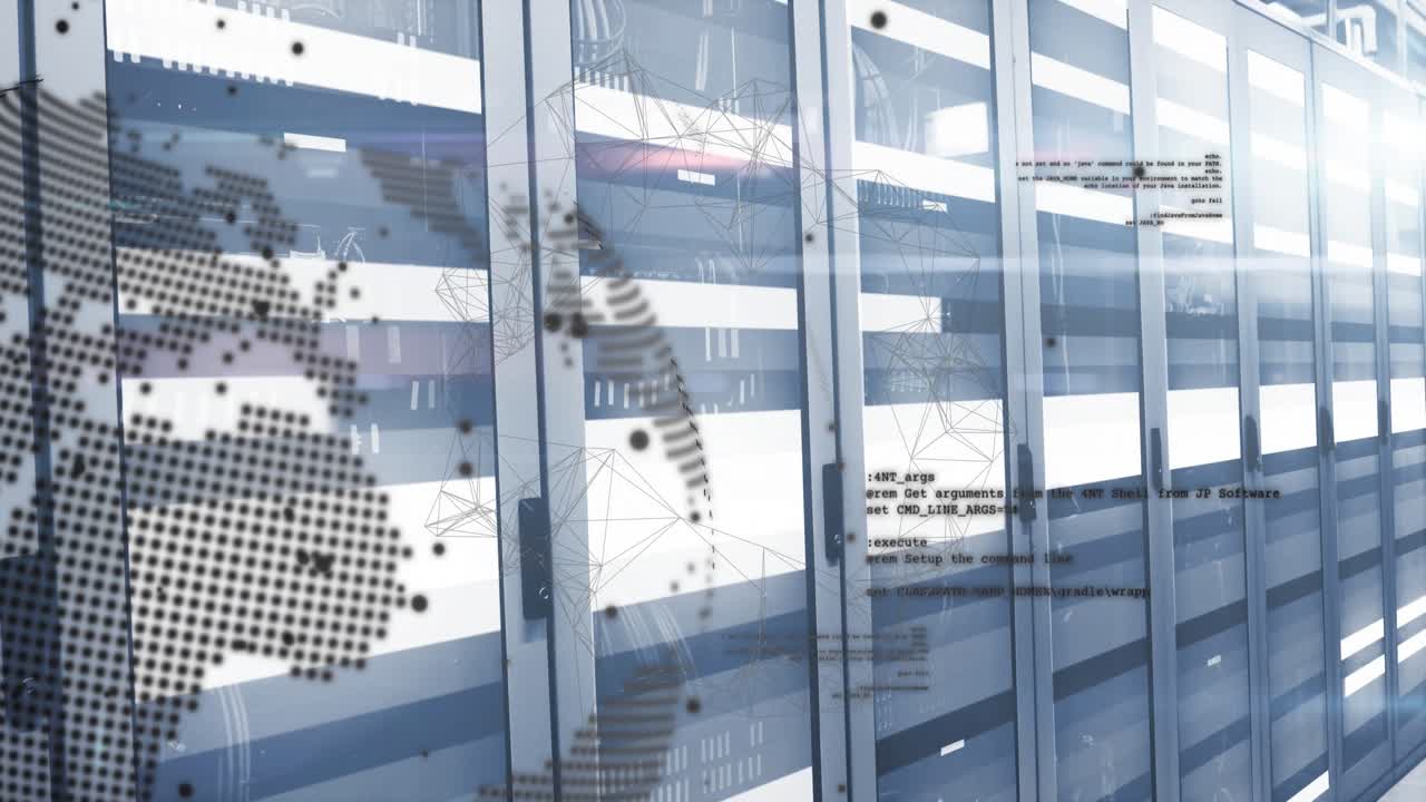 Animation of spinning globe and data processing against light trails over computer server room