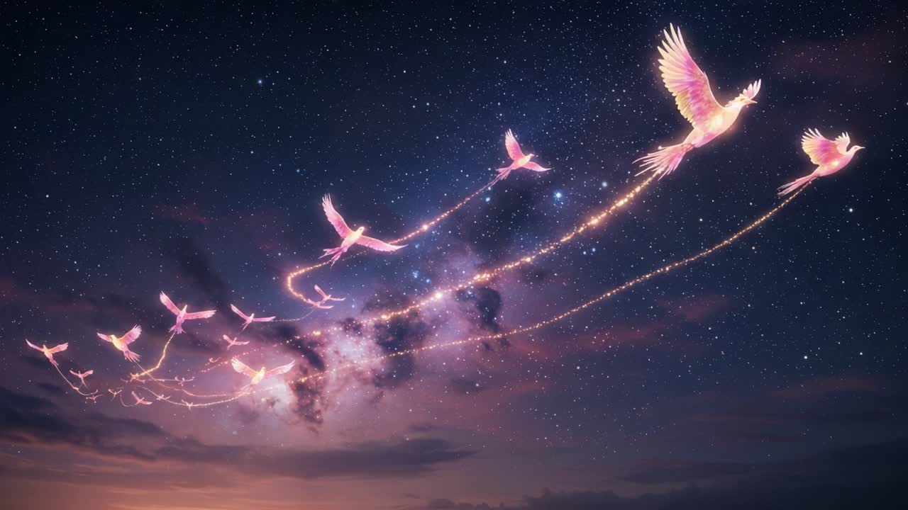 A breathtaking display of majestic birds soaring through a starry night sky, leaving trails of light behind as they journey across the cosmos in serene harmony
