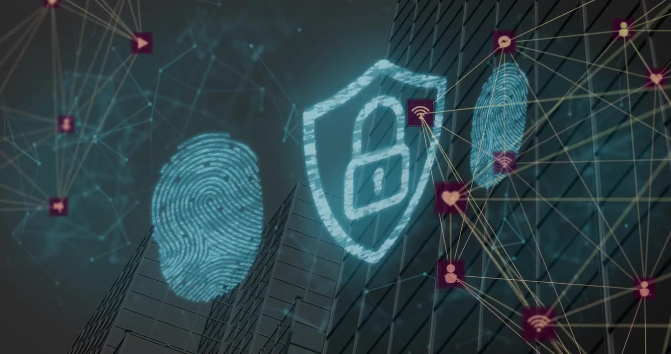 Digital Security Concept with Fingerprint and Padlock Over Modern Skyscraper