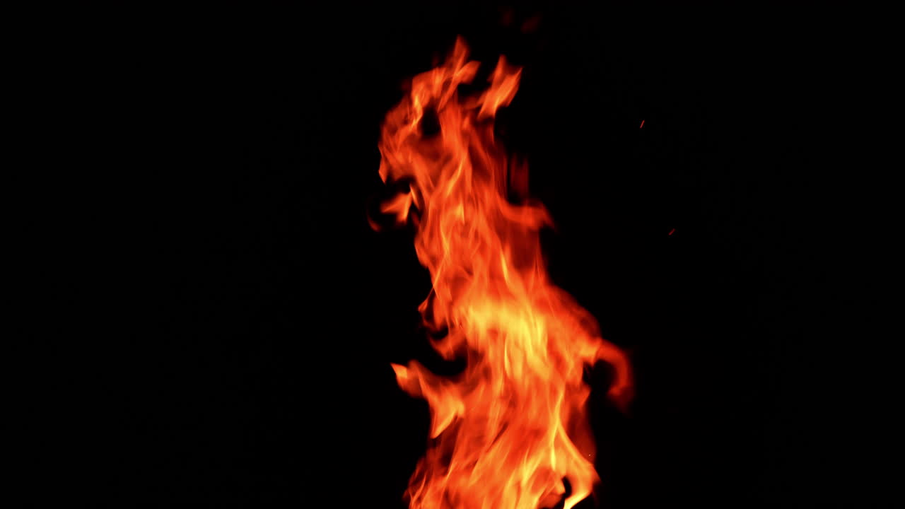 Long fire flame striving up into the air. Beautiful campfire burning isolated on black backdrop.