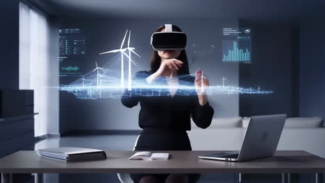 woman interacting with holographic wind turbine data in virtual reality