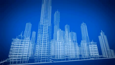 digital rotating blueprint of modern buildings. blue color. looped 3d animation. construction and technology concept.