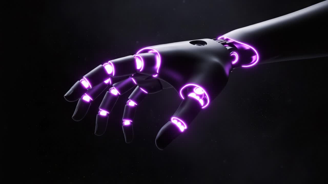 A Futuristic Robotic Hand Showcasing Advanced Technology with Sleek Design and Glowing Features in a Mystical Dark Atmosphere
