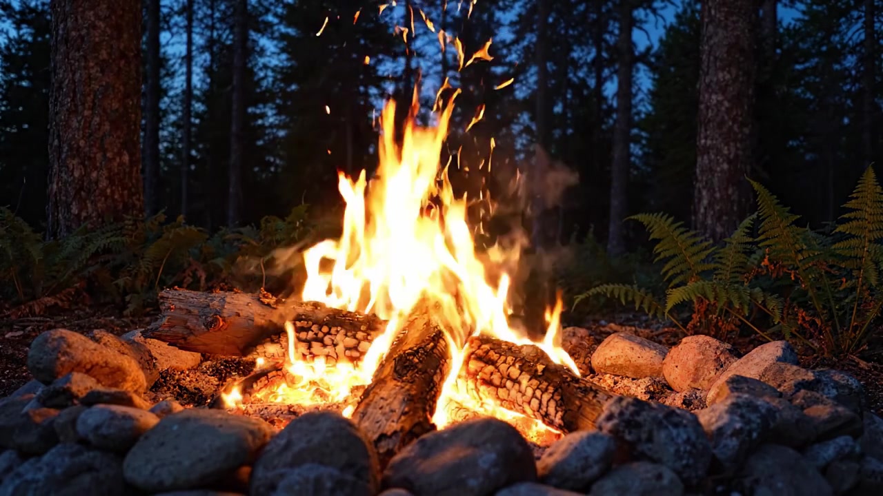 Un falò ipnotizzante che brilla nella tranquilla foresta al crepuscolo, illuminando tronchi e rocce mentre le fiamme danzanti creano un'atmosfera accogliente