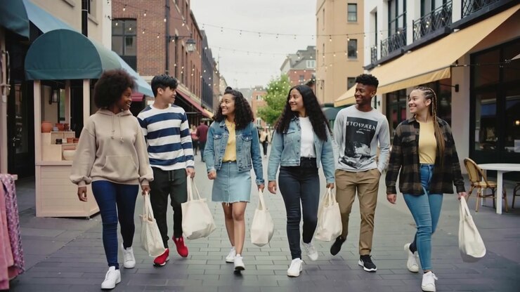 La telecamera segue sei amici che camminano e parlano mentre fanno shopping, indossando abbigliamento casual e tenendo borse di tela.