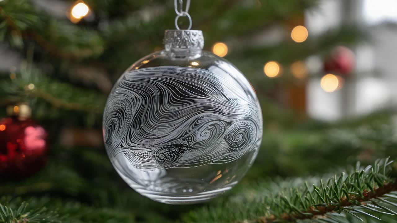 A Beautiful Glass Ornament Captured in Time: Showcasing Artistic Swirls and Reflections Amidst Festive Holiday Decor