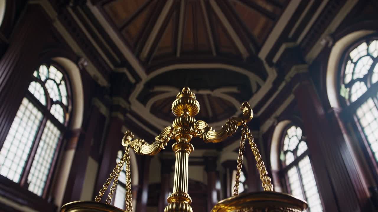 Low-angle video shot of ornate golden scales in a grand, dimly lit hall with arched windows