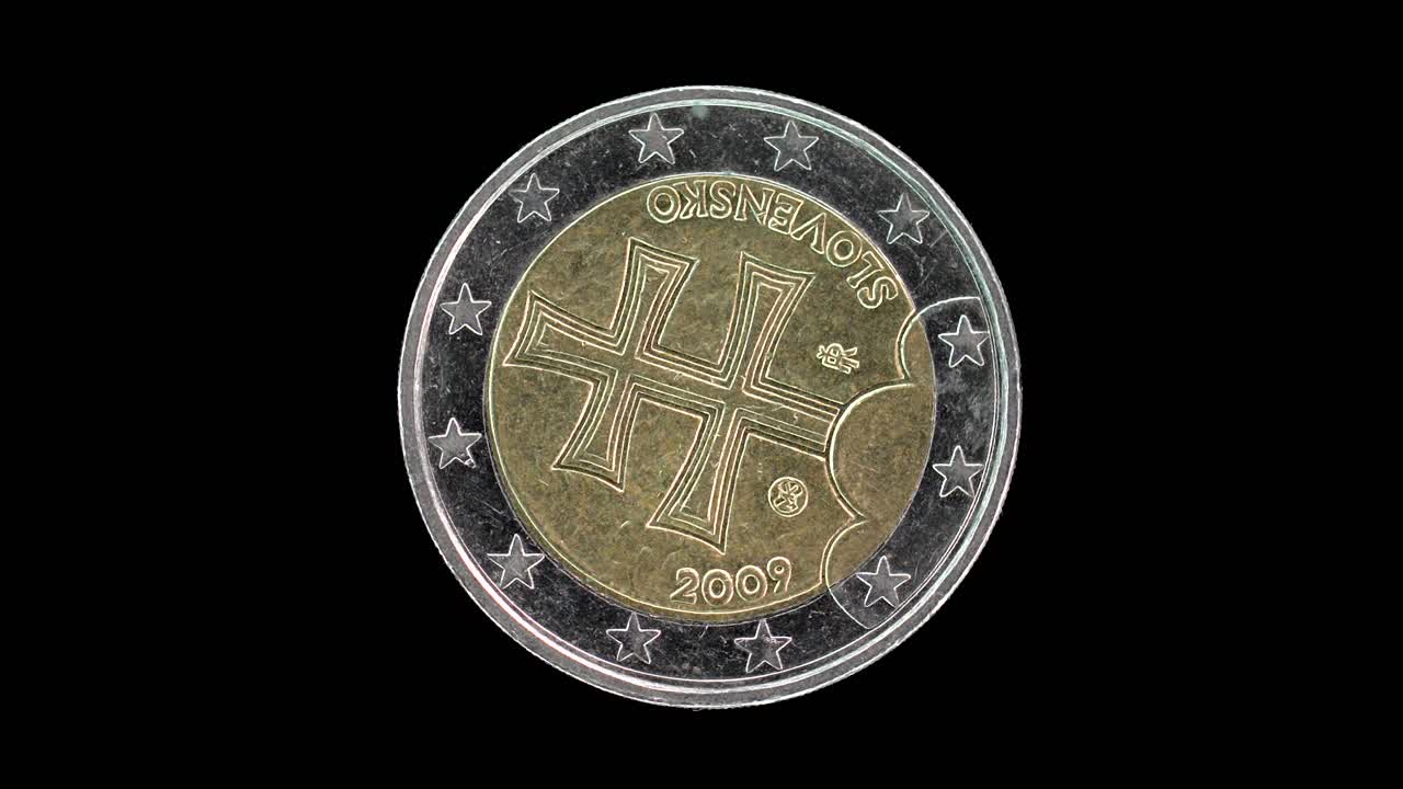 Slovakia 2009 2 euro obverse with national emblem double cross design rotating on black background