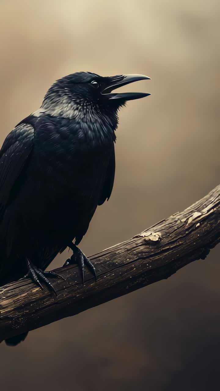 Vertical video: Calling corvid perched on tree branch starting open beak and tilting head upward