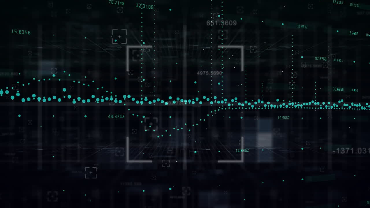 Animation of financial data processing over dark background