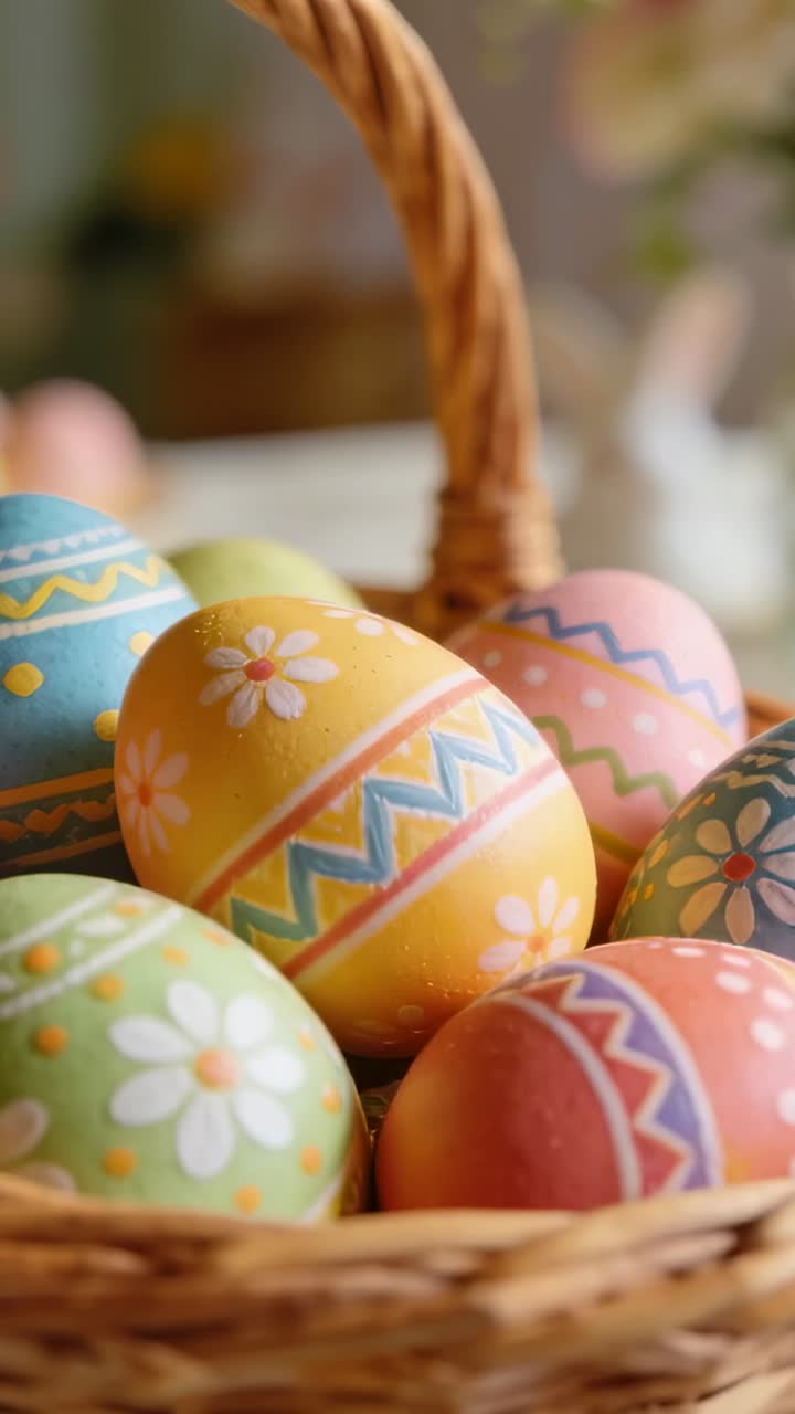 Vertical video: Tilting camera on play, focusing basket at dining table, showing yellow daisy egg