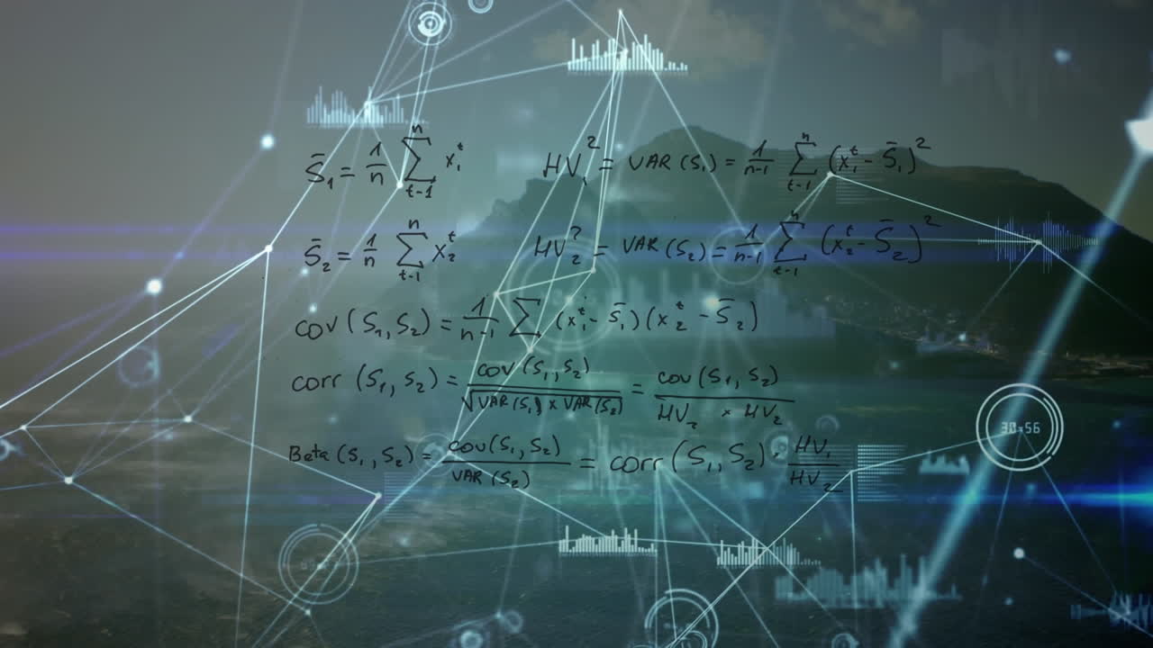 Animation of network of connections with data processing and mathematical equations over landscape