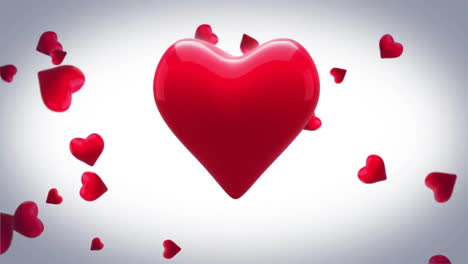 animation of beating red heart over falling red hearts on white background