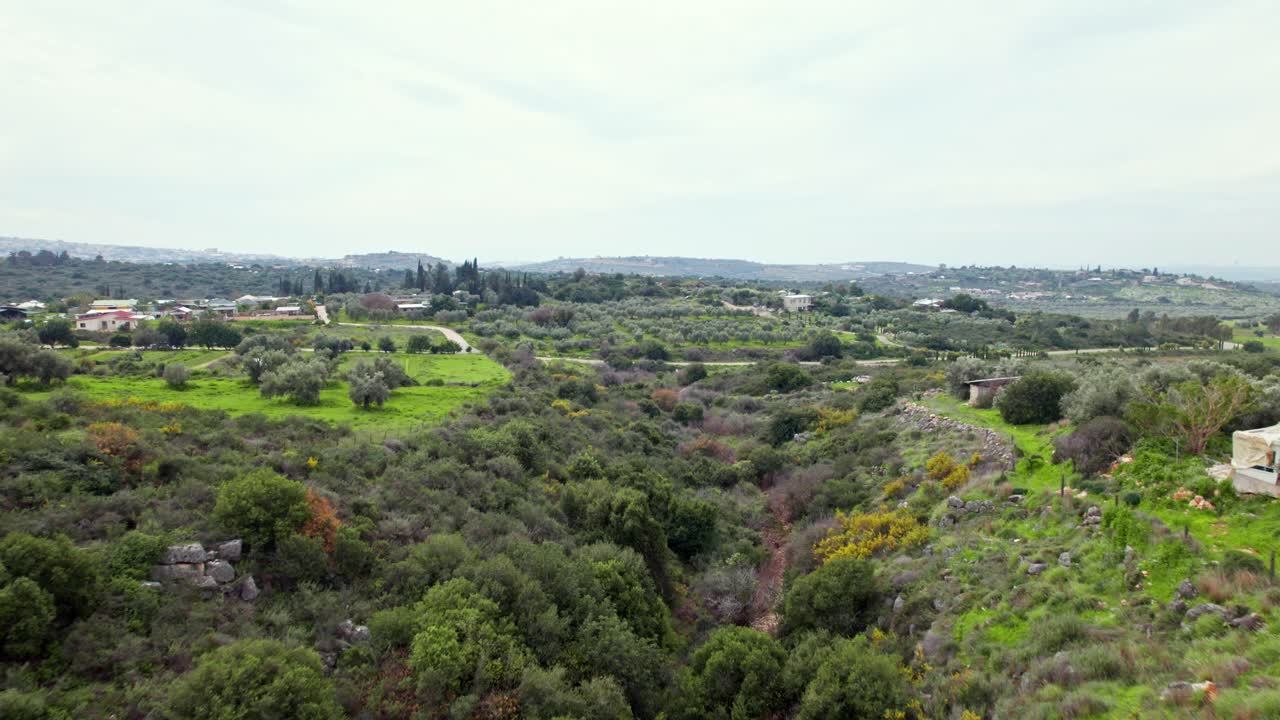 A scenic view of a green valley with trees and distant houses under a cloudy sky