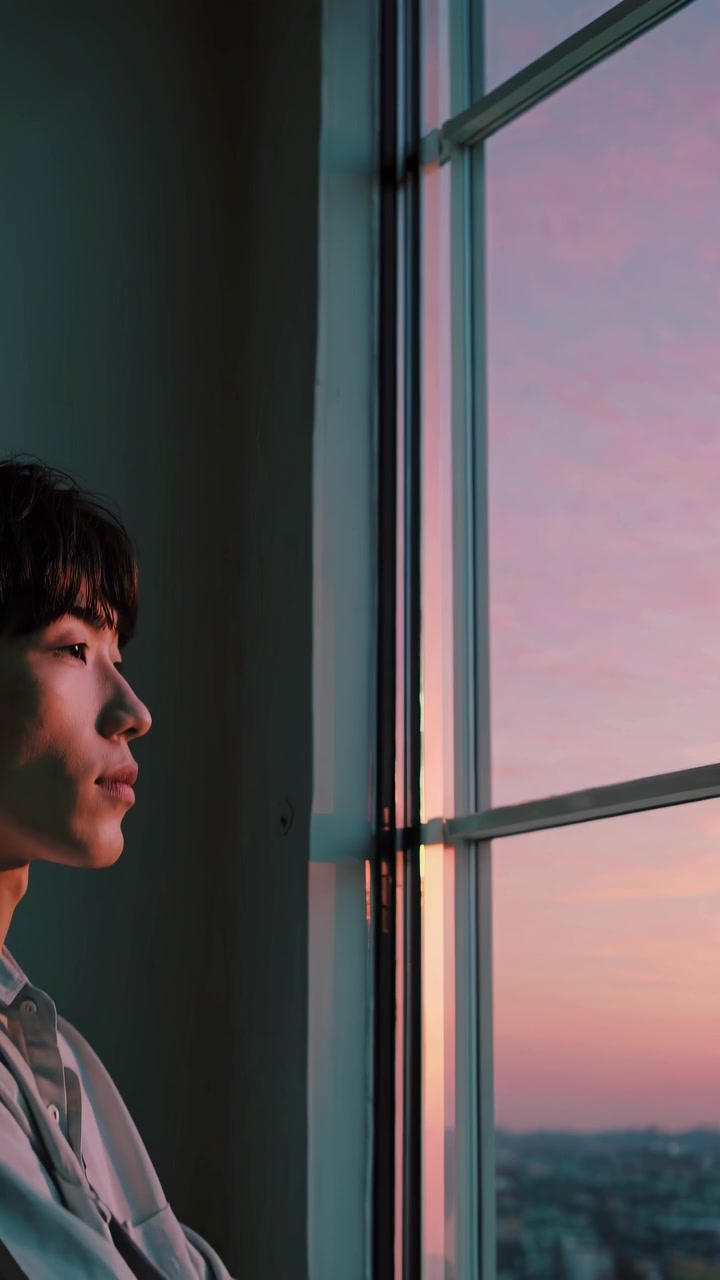 Young Asian Man Gazing Out Window at Sunset