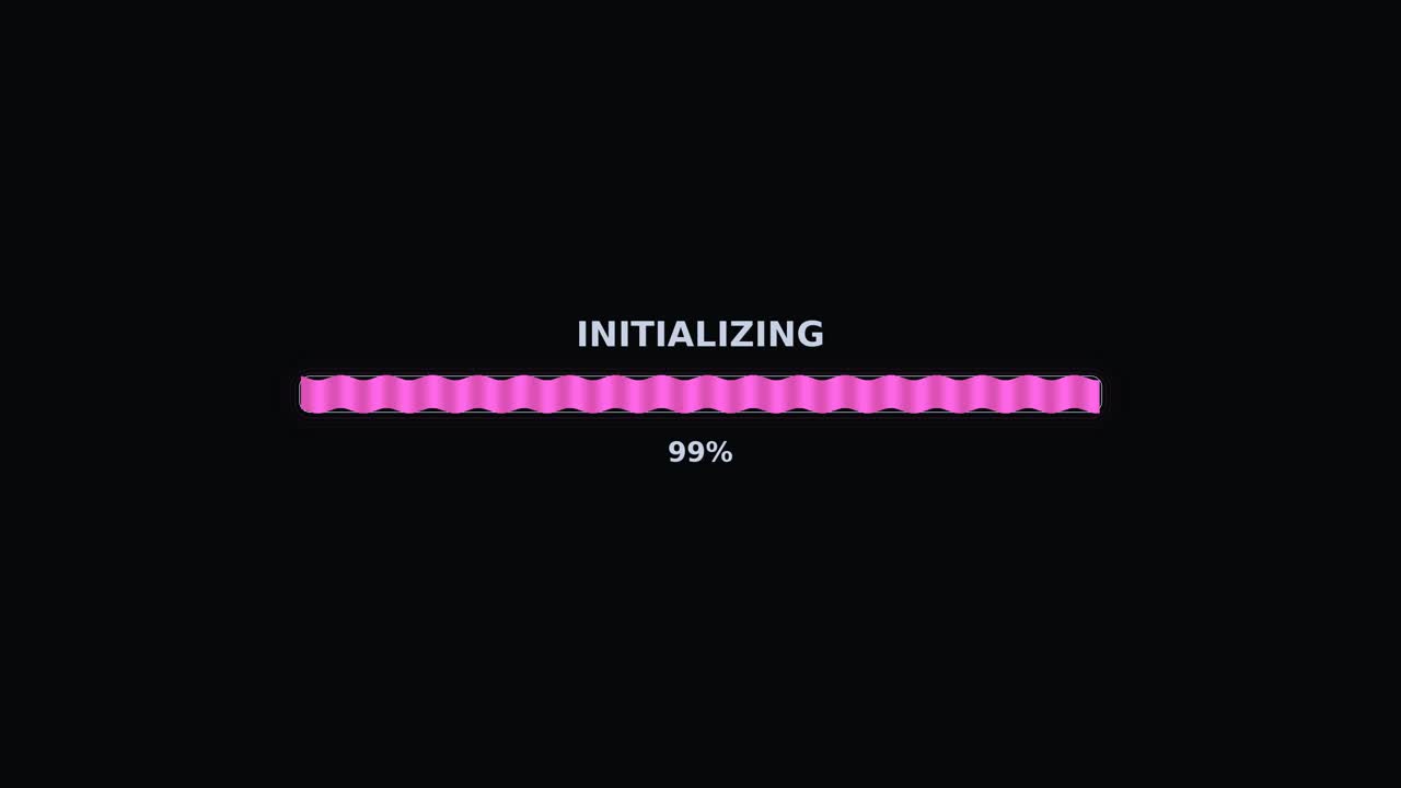A progress bar animation displays an initializing status that reaches 100 percent. The bar features a simple pink design against a black background, showing completion of a process