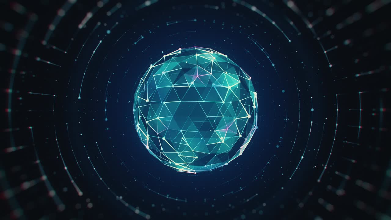 Futuristic Rotating Multicolored Polygonal Sphere on Dark Background