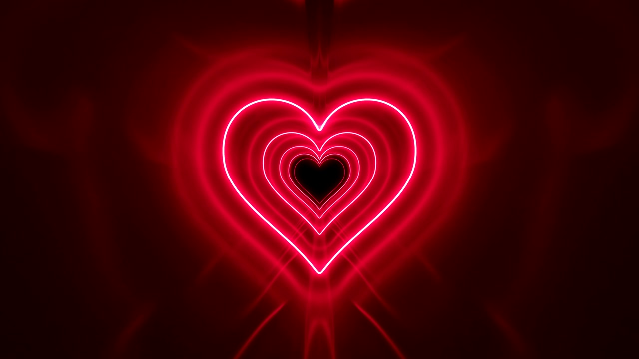 Bellissimo tunnel astratto romantico a forma di cuore con luci al neon che si muovono senza soluzione di continuità. Sfondo futuristico con luci rosse brillanti e luminose. Concetto artistico di animazione 3D in loop
