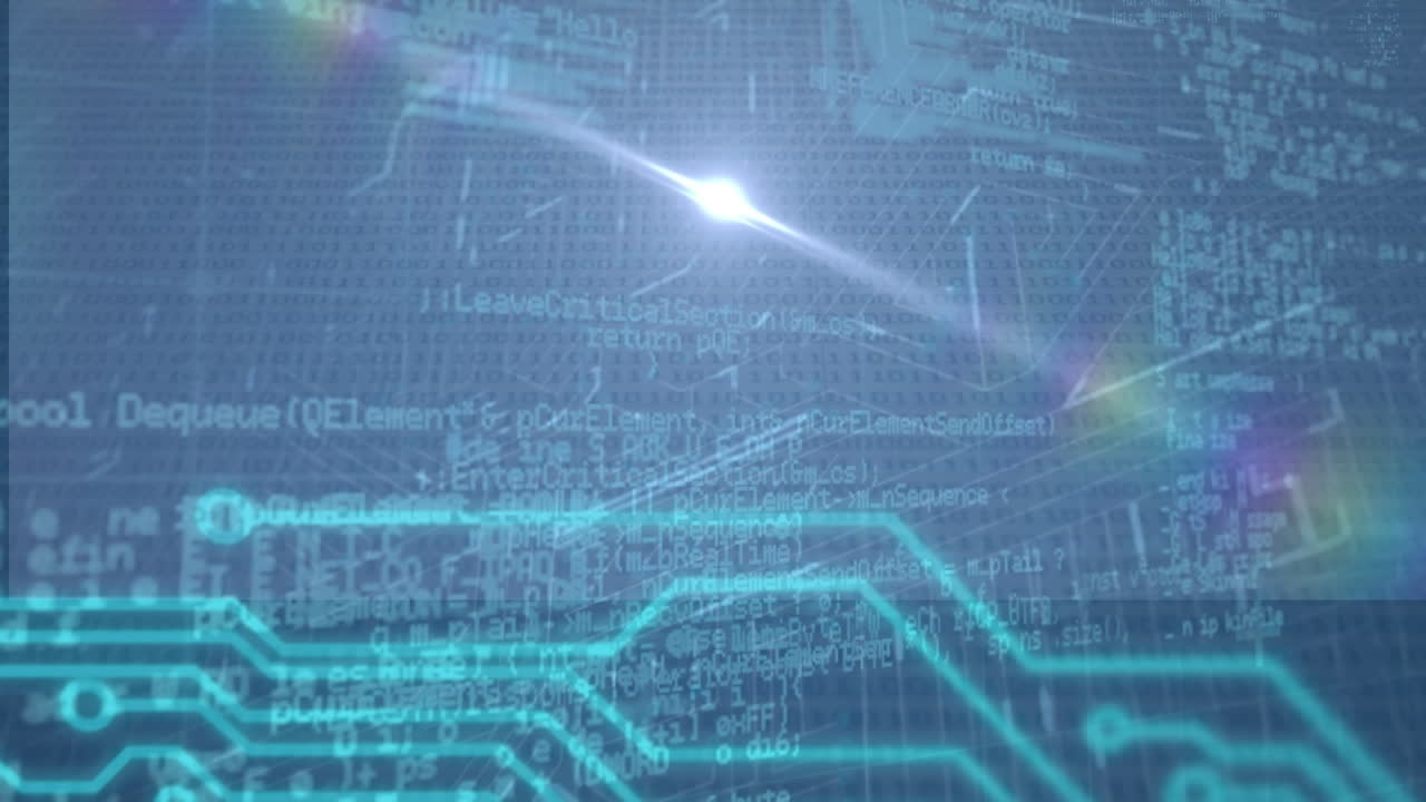 빛나는 컴퓨터 회로판 위의 데이터 처리 애니메이션