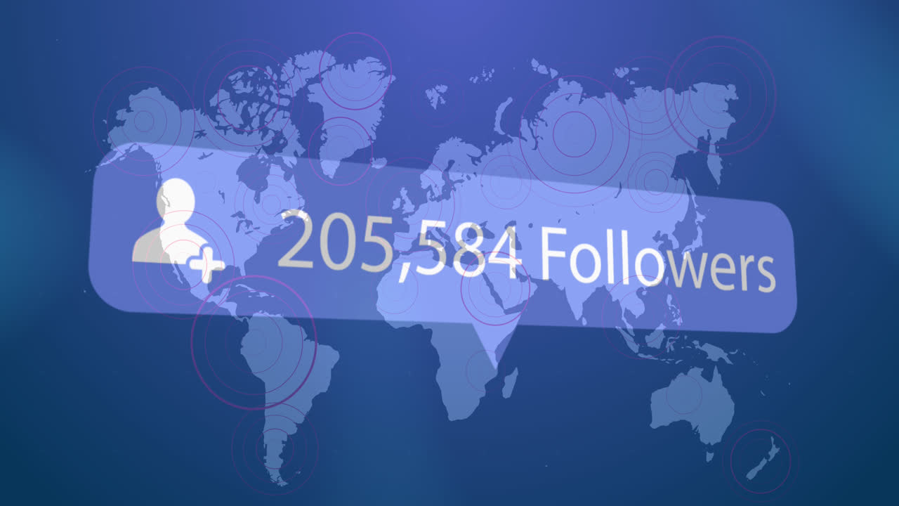 Profile icon with increasing followers against pulsating circles over world map on blue background
