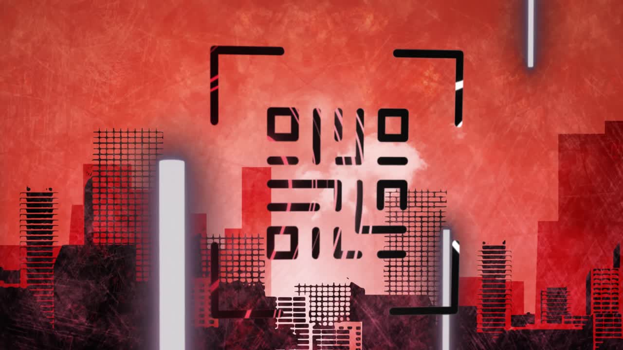 animación del código qr sobre el fondo rojo del paisaje urbano