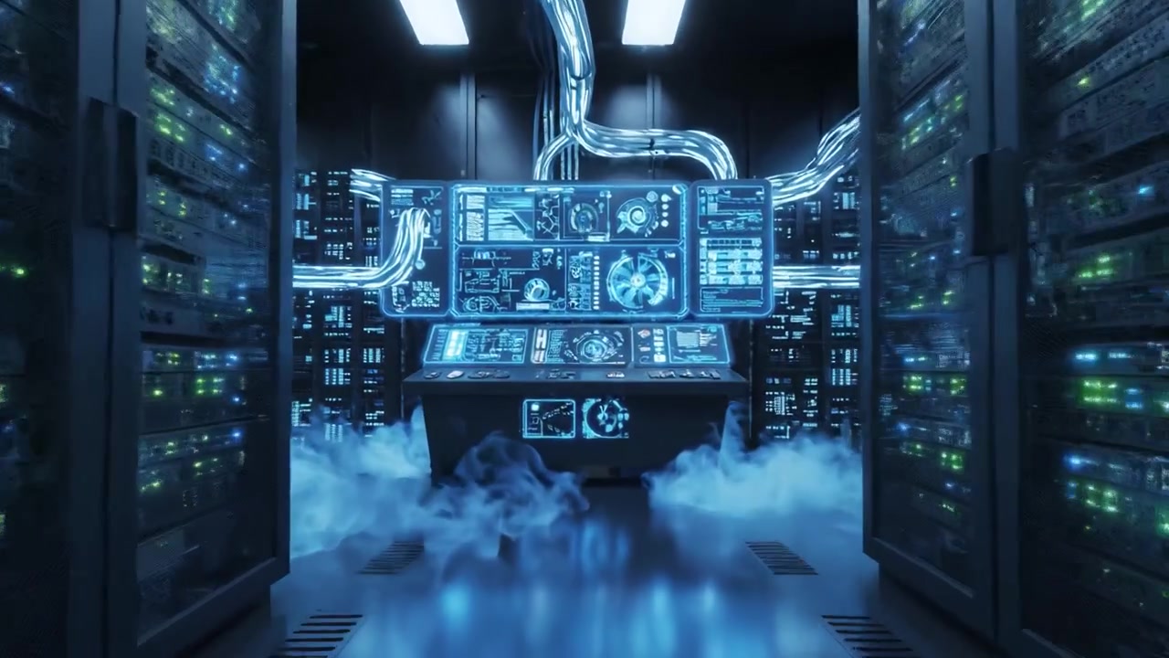 Futuristic Data Center with High-Tech Servers and Digital Interfaces Surrounded by Mist, Showcasing Advanced Computing Technology and Innovative Network Infrastructure