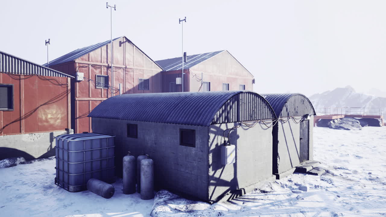 Research facilities in a snowy landscape during winter months