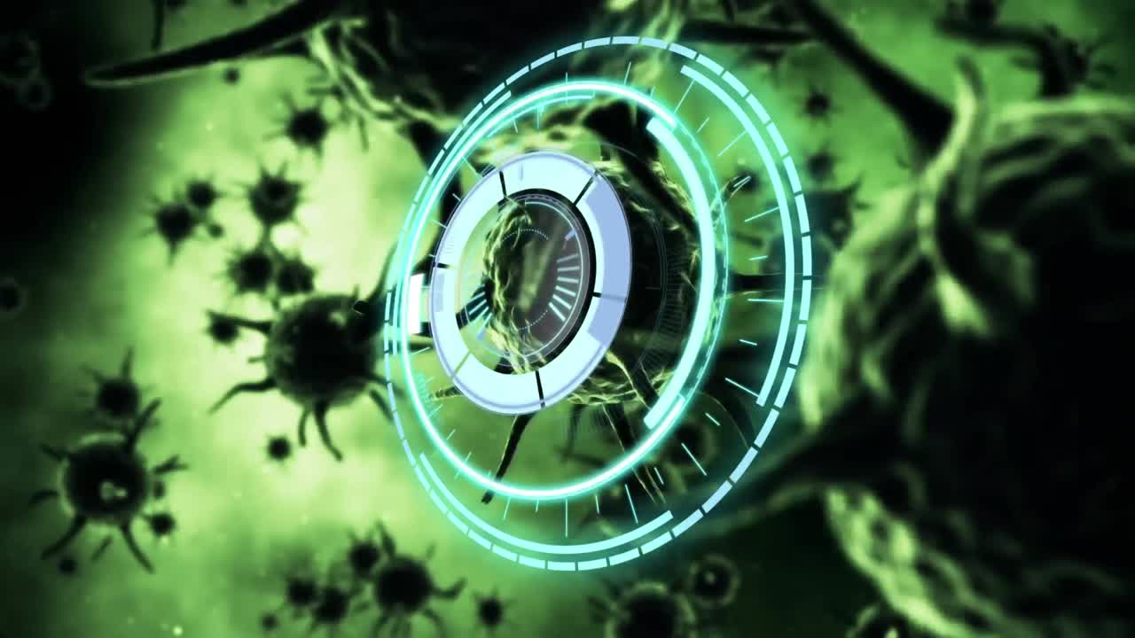 animación de un escáner circular sobre las células de covid 19, procesamiento de datos