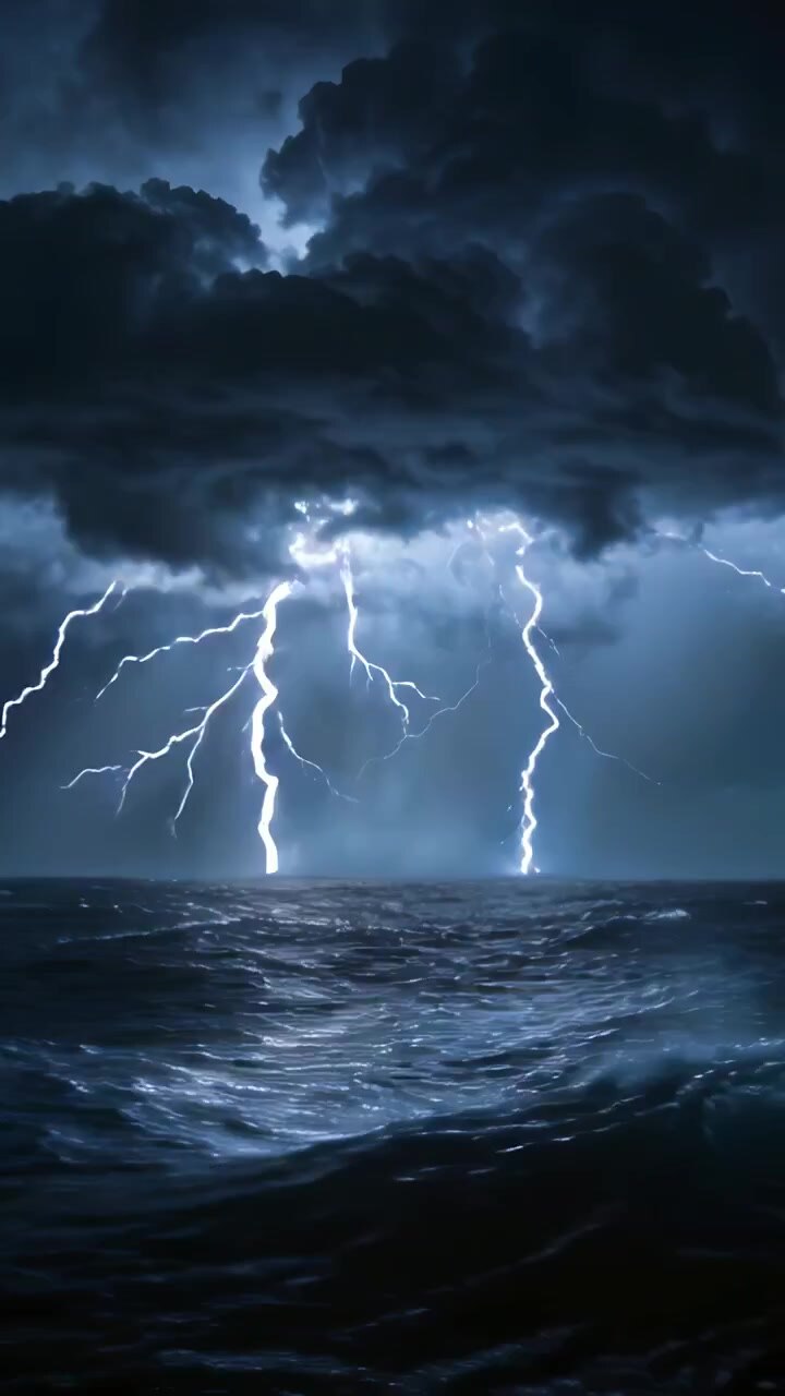 Video verticale: Un singolo fulmine a saetta che si scatena, nuvole pulsanti e il riflesso sulle onde notturne