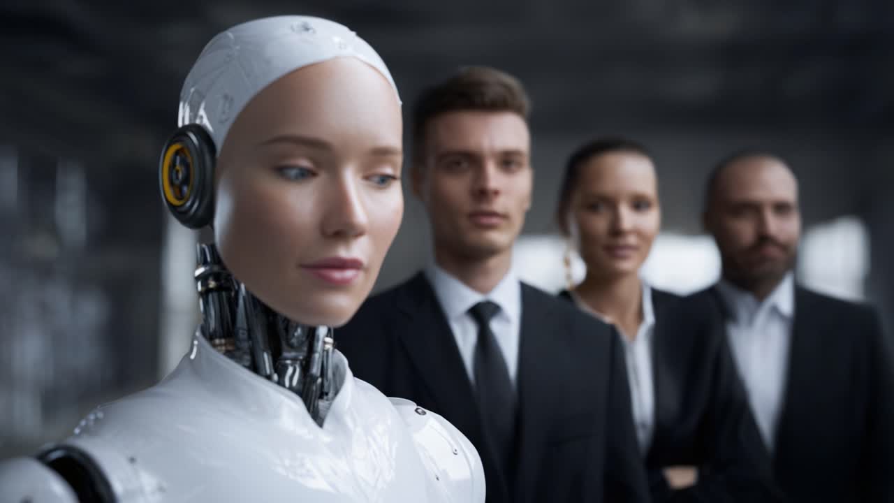 Un robot umanoide futuristico in primo piano con tre umani sfocati sullo sfondo, che rappresenta l'intersezione tra tecnologia e interazione umana nella società moderna.