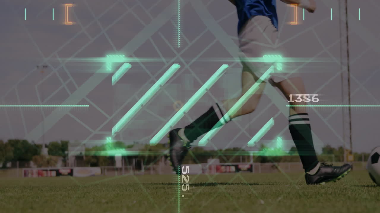 Kicking soccer ball on grassy field, animation of digital data overlay