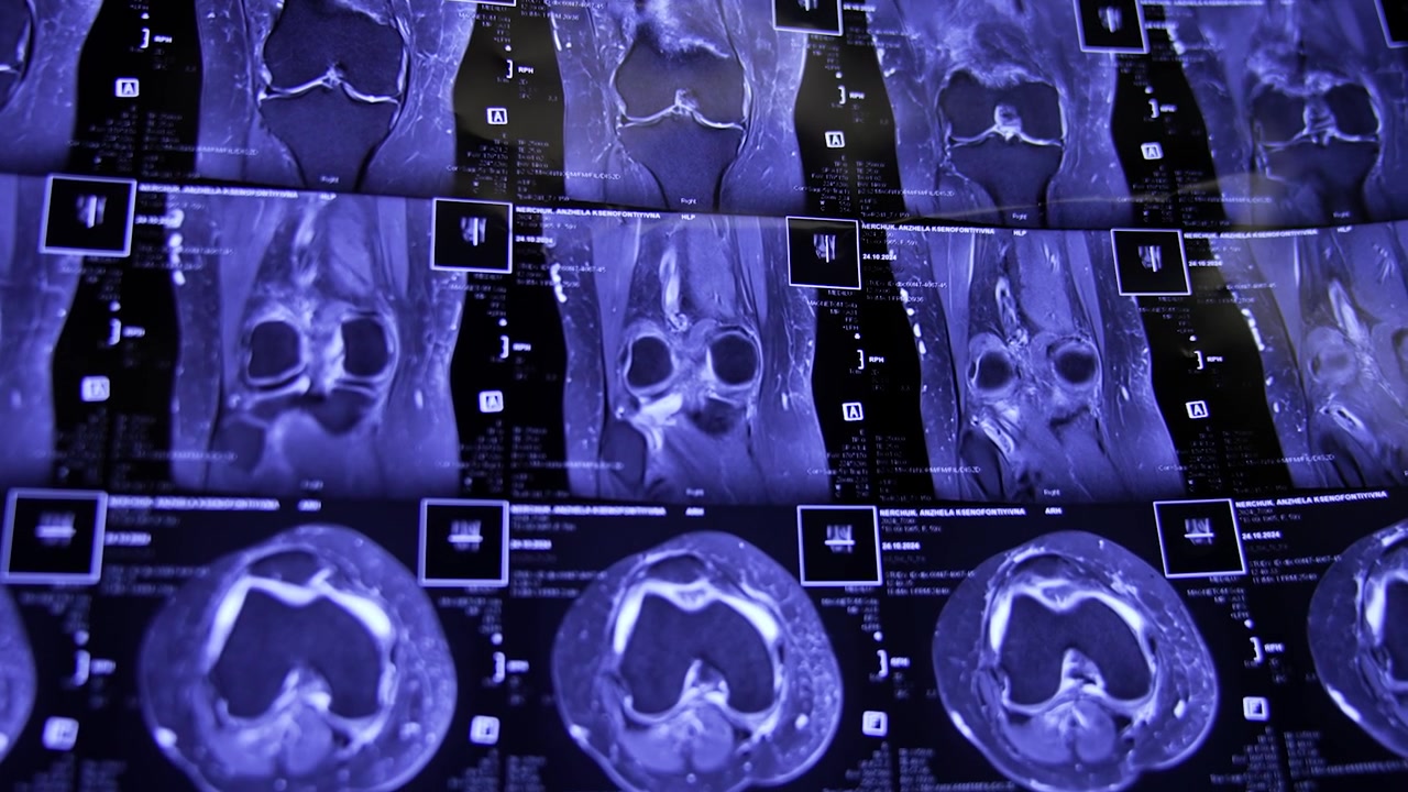 Scansioni multiple del ginocchio traumatizzato. Immagini MRI del paziente in preparazione per l'intervento di chirurgia ortopedica. Primo piano.