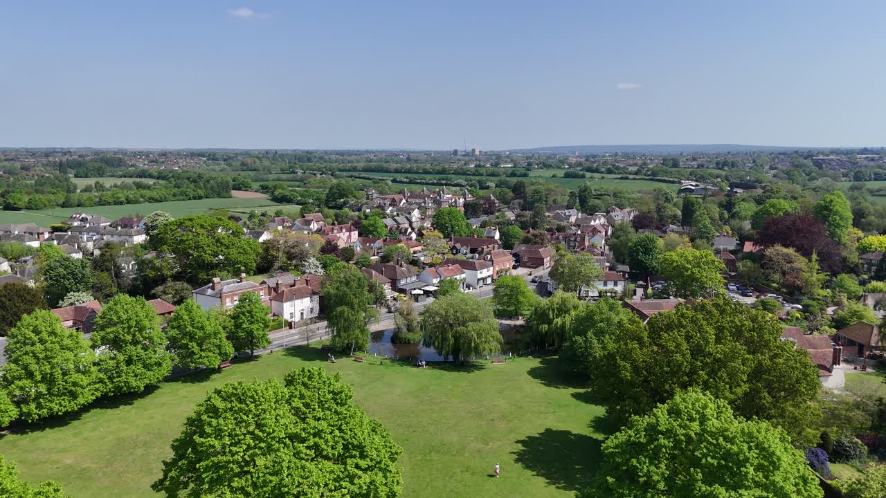 Writtle Village Essex UK pull back drone aerial reverse reveal