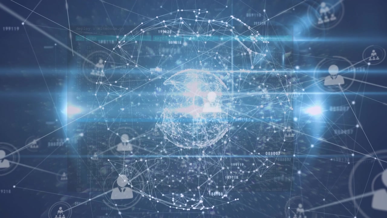 Animation of network of connections with people icons over globe