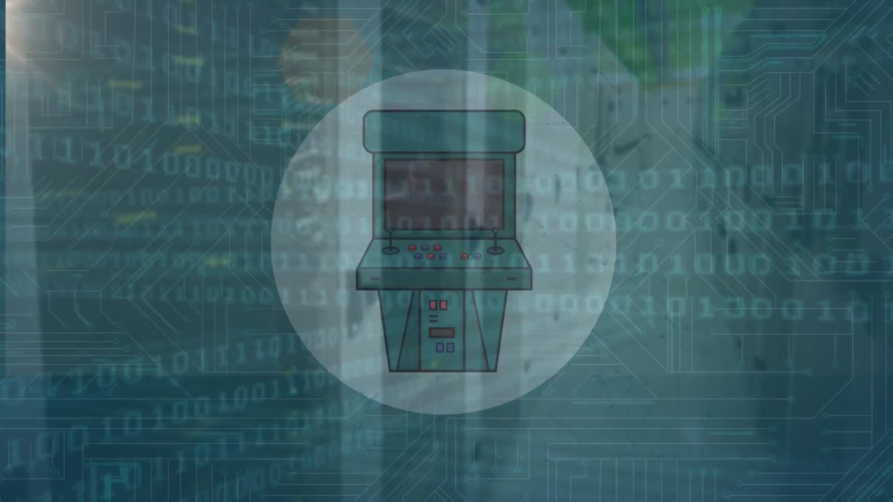 비디오 게임 아이콘의 애니메이션, 바이너리 코딩, 빛나는 컴퓨터 회로판에서 데이터 처리