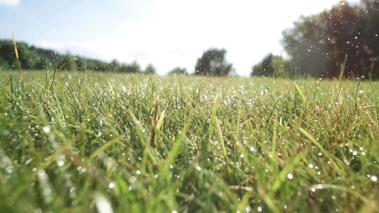 골프 클럽은 슈퍼 슬로우 모션으로 골프 공을 때립니다. 아침 이슬의 방울과 풀 입자가 충돌 후 공중에 올라갑니다.