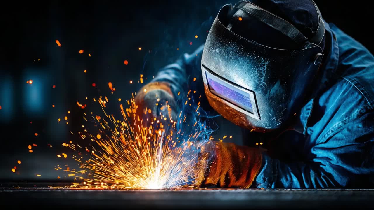 A Dedicated Welder at Work: Capturing the Intensity of the Welding Process with Sparks and Flames Illuminating the Workspace in Stunning Detail