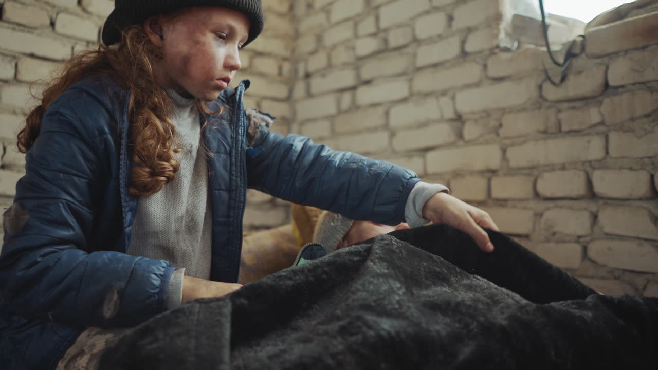 파란색 재킷과 검은색 비니를 쓴 버려진 소녀가 추운 벽돌 쉼터 안 매트리스에서 아픈 여동생에게 두꺼운 담요를 부드럽게 덮어주고, 핵겨울과 거친 벽 속에서 애틋한 보살핌과 생존을 보여줘요.
