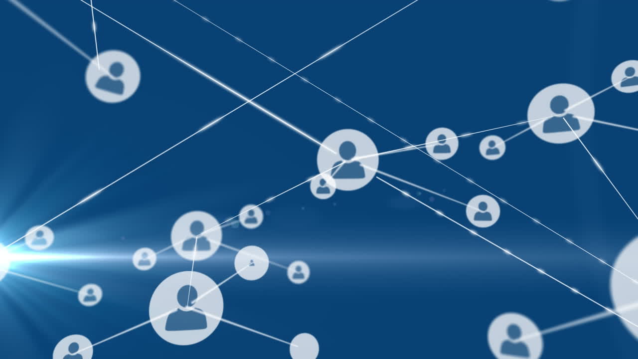 파란색 배경의 빛 트레일 위의 아이콘으로 연결 네트워크의 애니메이션