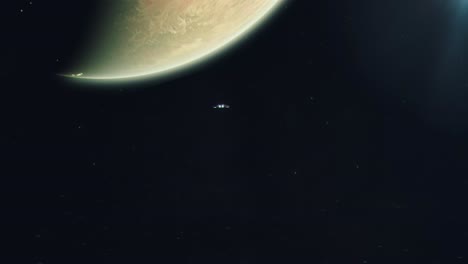 toma de establecimiento de una pequeña nave espacial acercándose a un mundo alienígena - planeta desierto habitado