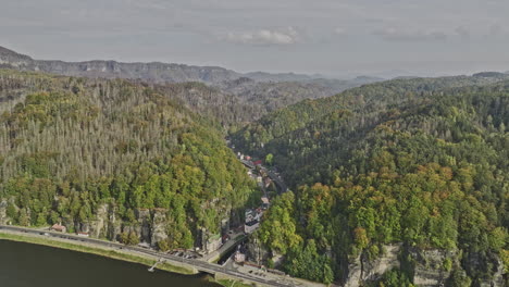 hrensko czechia aerial v9 flyover elbe river border towards secluded small village town along kamenice narrow gorge capturing mountain forest lush environments - shot with mavic 3 cine - november 2022