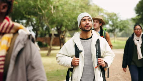 nature, hiking and friends walking in a forest