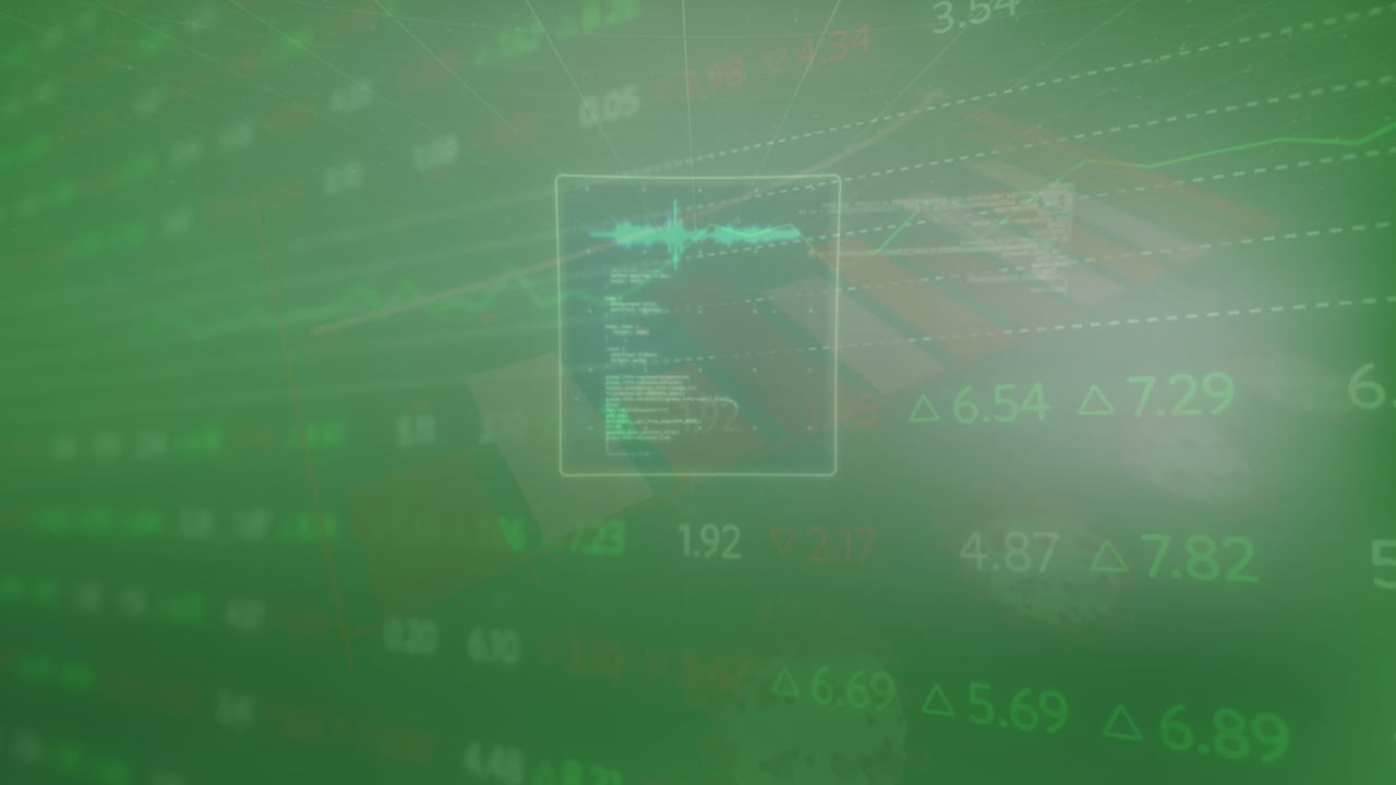 animación de gráficos, círculos y lenguaje informático sobre lenguaje informático en un fondo abstracto