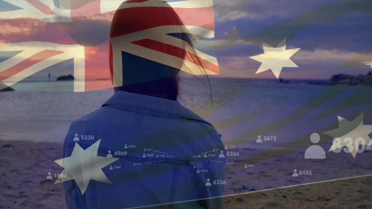 Person on beach with Australian flag and data processing animation overlay