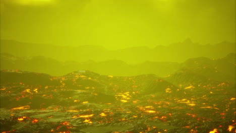 bright yellow landscape with flowing lava and rugged terrain at dusk