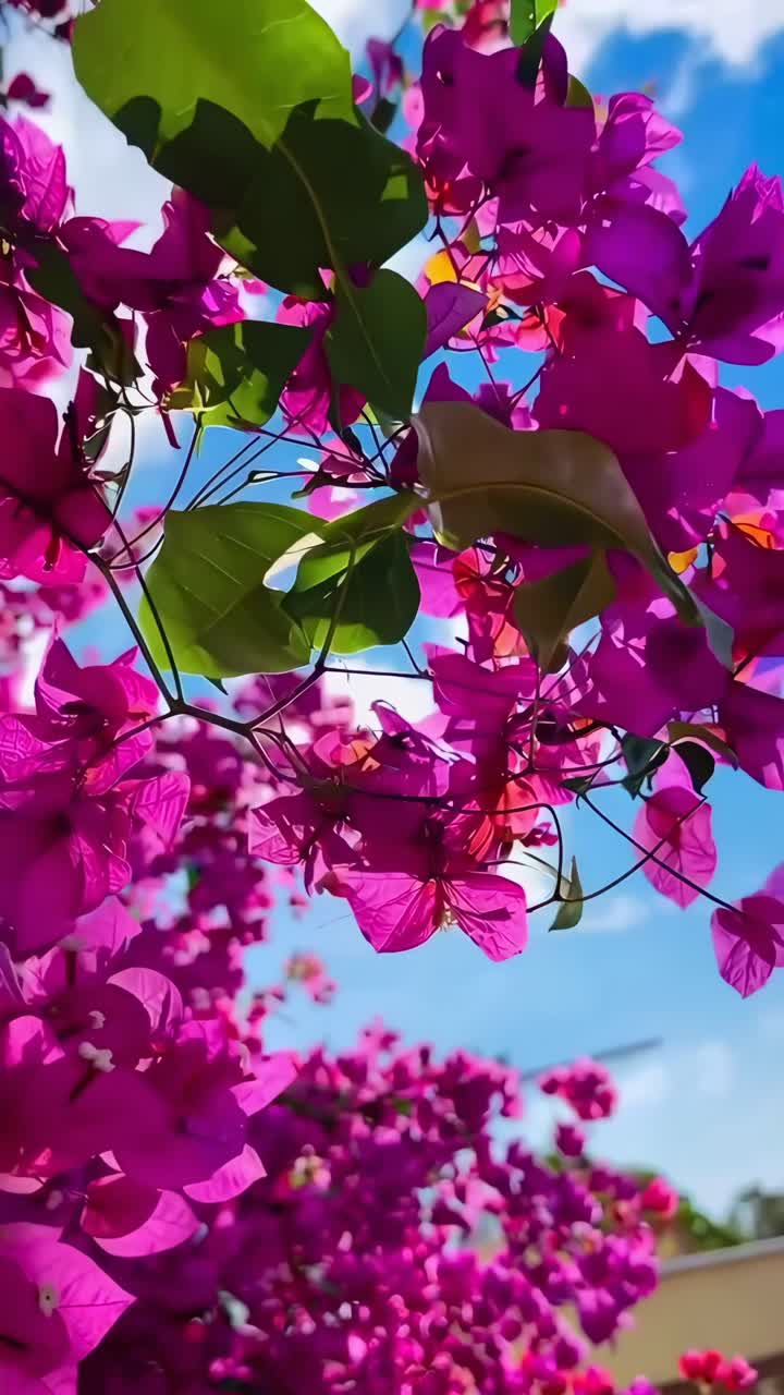 Fiori rosa vivaci su un cielo blu, ripresi da una bassa angolazione, ideali per un video sulla natura, Live
